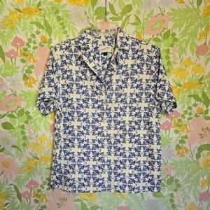 Blue And White Bird Print Linen Blend Button Shirt